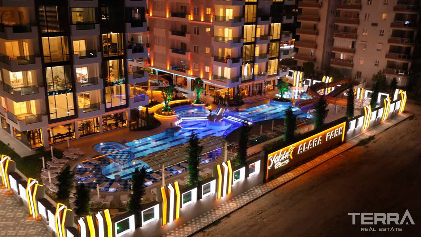 Outdoor pool illuminated at night